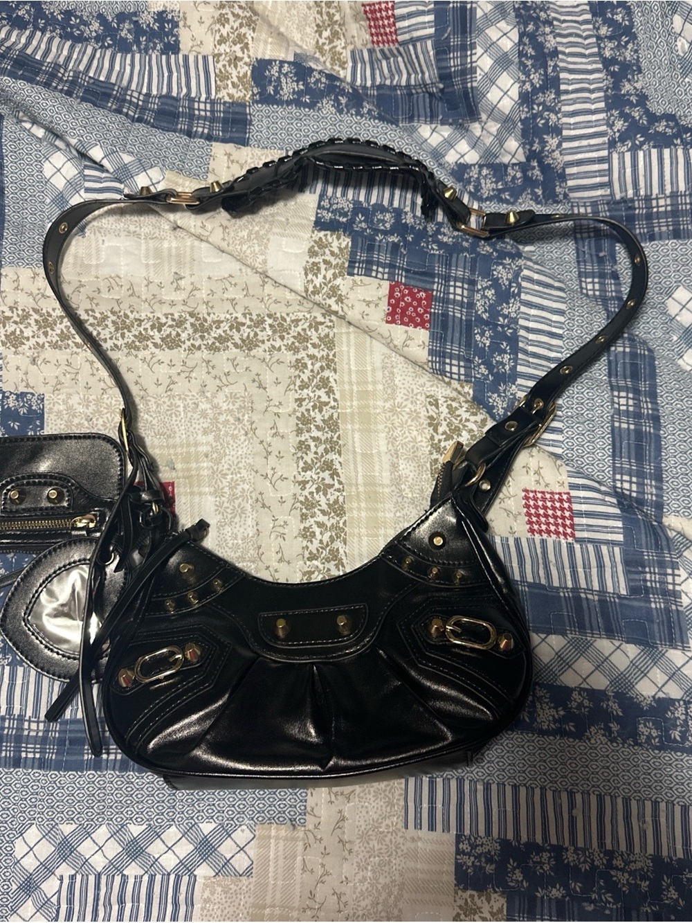 Black Women's Shoulder Bag with Gold Hardware